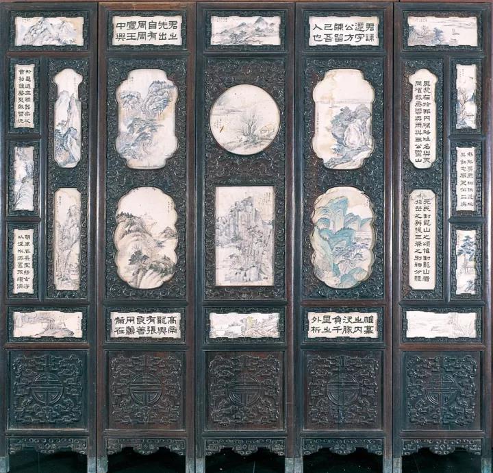 木雕嵌大理石挂屏 中国 古美術